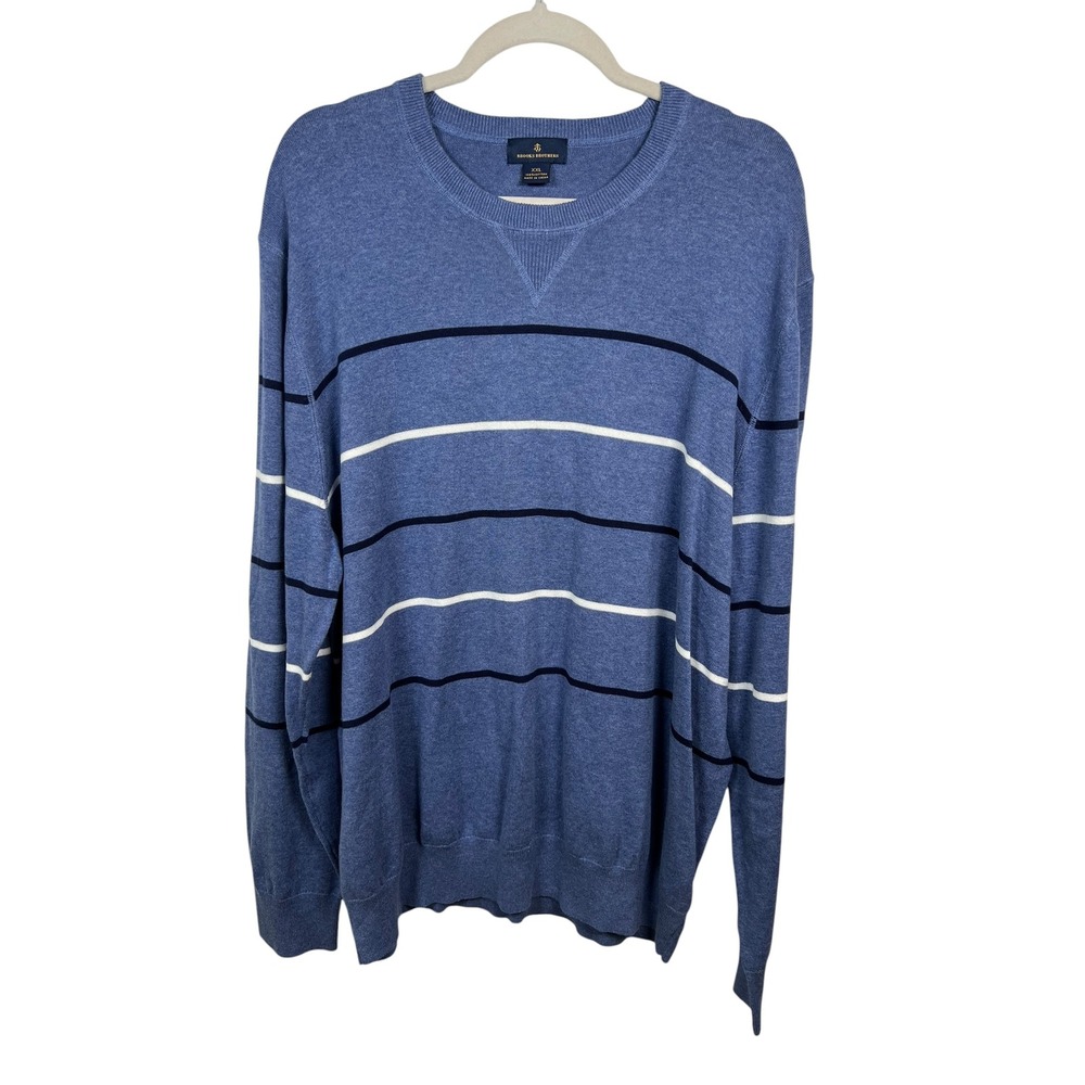 Brooks Brothers Striped Preppy Cotton Sweater Blue Crewneck Pullover XXL